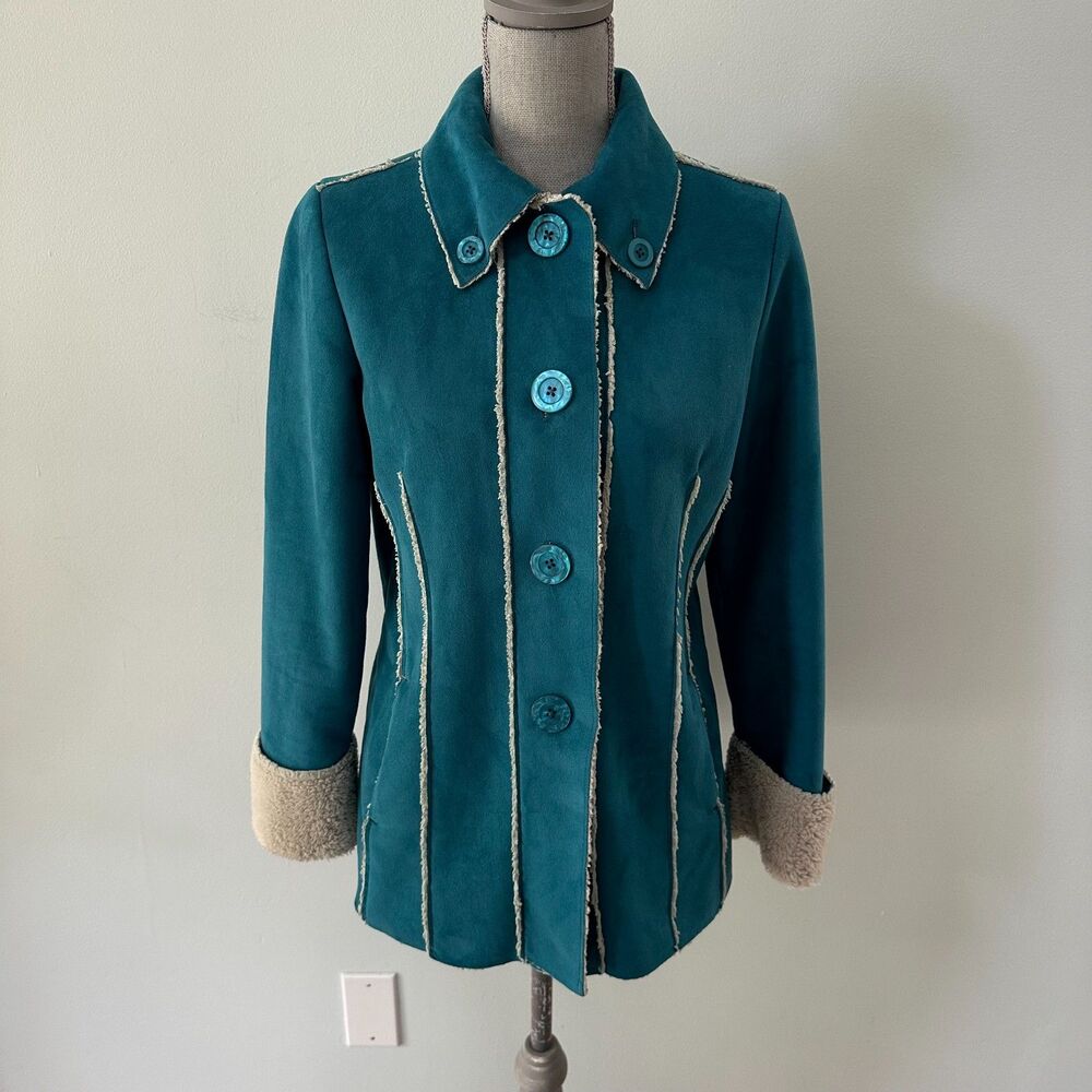 Telluride Teal Faux Suede Shearling Coat Faux Fur Cuffs Women's size M 70s Style